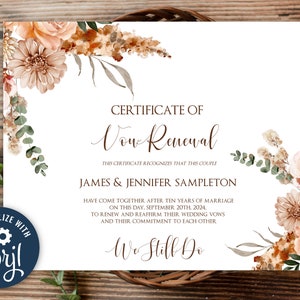 Editable Vow Renewal Certificate Template, 8" X 10", 10th, 25th, 50th ...