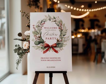 Elegant Botanical Wreath Christmas Party Welcome Sign: Holiday Event Decor (Editable Template)