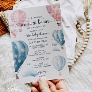 Boy Girl Twin Baby Shower Invitations, Hot Air Balloons, Blue and Pink, Up, Up and Away, Corjl Template, Edit  to Print, Email or Text