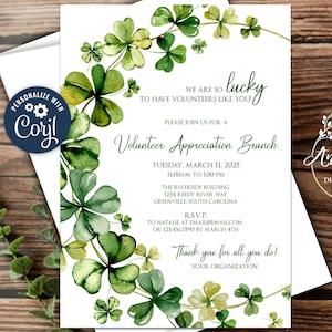 Shamrock Volunteer Appreciation Brunch Template, Lucky, March, St. Patrick's Day, Clovers | Editable in Corjl to Print, Email or Text!