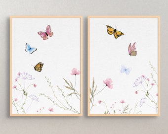 Wildflower Butterfly Print Set, Botanical Wall Art (Digital Download)