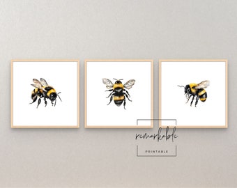 Watercolor Bumble Bee Print Set of 3 (Digital Download)