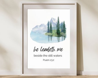 Scripture Wall Art, Printable Christian Artwork, Christian Wall Art, Bible Verse Wall Art, He Leadeth Me, Psalm 23, KJV Bible Wall Art