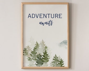 Adventure Awaits Forest Print, Watercolor Landscape (Digital Download)