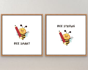 Set of 2 Bee Prints, Smart Strong Wall Art (Digital Download)