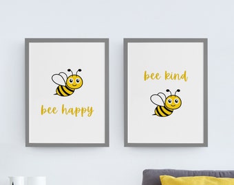 Set of 2 Bee Happy Prints, Bumble Bee Nursery Wall Art (Digital Download)