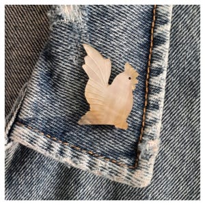 Vintage Mother of Pearl Rooster Brooch Hand Carved Shell Chicken Pin Iridescent Farmyard Animal Statement Jewelry 1960s Small Farm Pin