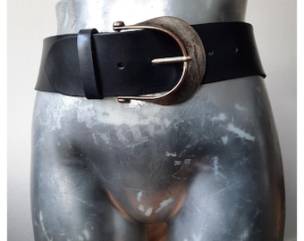 Vintage Blue Leather Belt with Silver Buckle | 80s 90s Statement Waist Belt | Retro Wide Fashion Accessory Classic Festival Street Chic