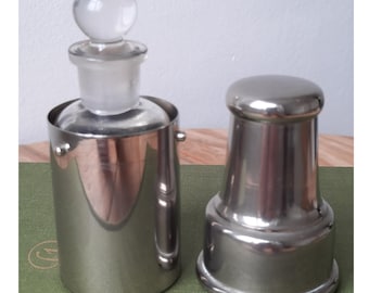 Frasco de perfume de viagem vintage, estojo cromado, frasco de vidro, estilo Art Déco, para penteadeira, item de colecionador, presente raro.
