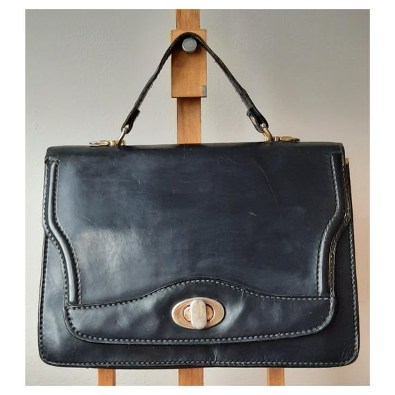 Vintage Navy Blue Leather Top Handle Bag 1960s Structured Handbag Gold Turn Lock Clasp Classic Retro Elegant Ladylike Purse Iconic Style