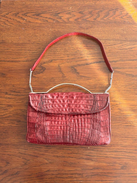 Vintage Burgundy Croc Embossed Handbag Y2K Shoulder Bag Wine Red Purse Silver Tone Frame Top Handle Retro Structured Women's Bag Statement