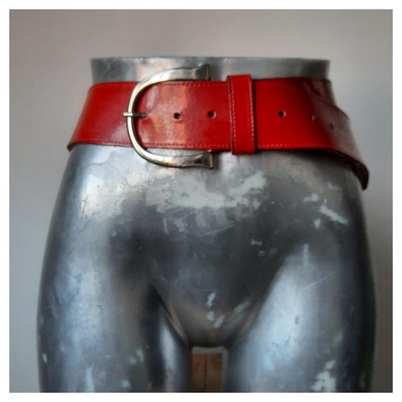 Vintage Red Patent Leather Statement Belt 80s 90s | Genuine Leather Waist Belt | Power Dressing Designer Style | Size 105