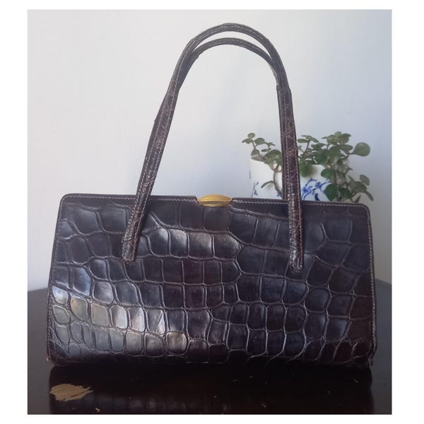 Vintage Crocodile Embossed Glazed Leather Top Handle Bag – Brown Structured Handbag with Gold Clasp 1950s Style Purse (Flawed but Fabulous)