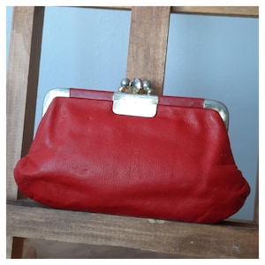 Vintage 1960s Red Leather Coin Purse | Kiss Lock Clasp | Genuine Leather Made in England | Retro Small Wallet | Mid-Century Accessory Gift