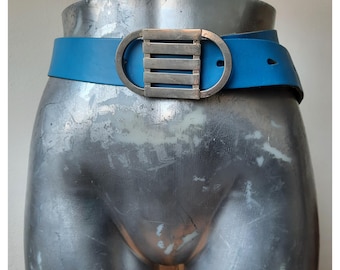 Vintage Blue Wide Waist Belt Silver Tone Oval Buckle 1980s 1990s Statement Fashion Accessory Bold Minimalist Retro Style low Waist Fit