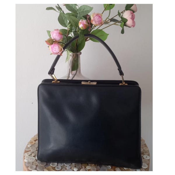Vintage Black Leather Frame Handbag with red interior | 1950s Structured Top Handle Bag with Gold Hardware | Elegant Retro Purse