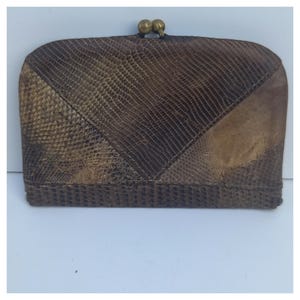 Vintage slangenleren damesportemonnee met beugel | Donkerbruin | Art Deco stijl | Echt slangenleer | Jaren 40-50