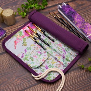 Floral Watercolor Brush Roll Case: Handmade Cotton Travel Organizer