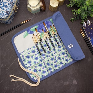 Floral Watercolor Brush Roll Case: Travel Brush Organizer, Handmade Artist Gift
