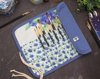 Floral Watercolor Brush Roll Case: Travel Brush Organizer, Handmade Artist Gift