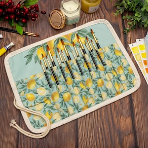Lemon Watercolor Brush Roll Case: Travel Brush Organizer, Handmade Cotton