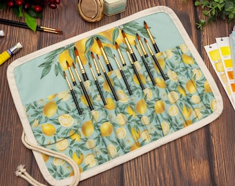 Lemon Watercolor Brush Roll Case: Travel Brush Organizer, Handmade Cotton