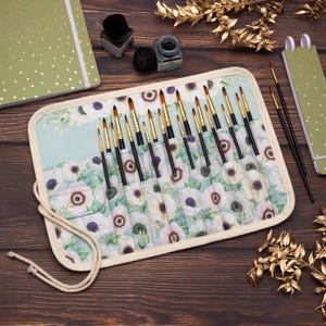 Handmade Watercolor Brush Roll Case: Anemone Floral Cotton Travel Organizer
