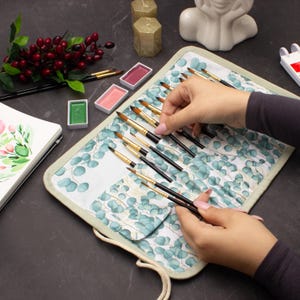 Eucalyptus Floral Brush Roll Case: Watercolor Artist Travel Organizer