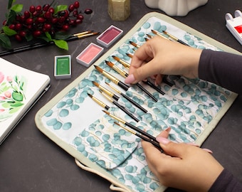 Eucalyptus Floral Brush Roll Case: Watercolor Artist Travel Organizer
