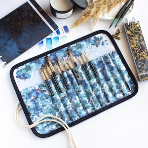 Floral Watercolor Brush Roll Case: Travel Brush Organizer, Handmade Cotton