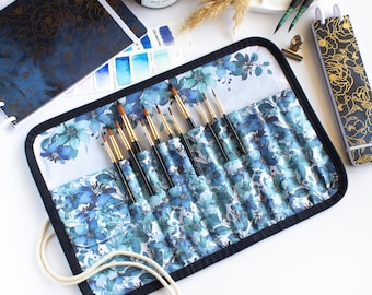 Floral Watercolor Brush Roll Case: Travel Brush Organizer, Handmade Cotton