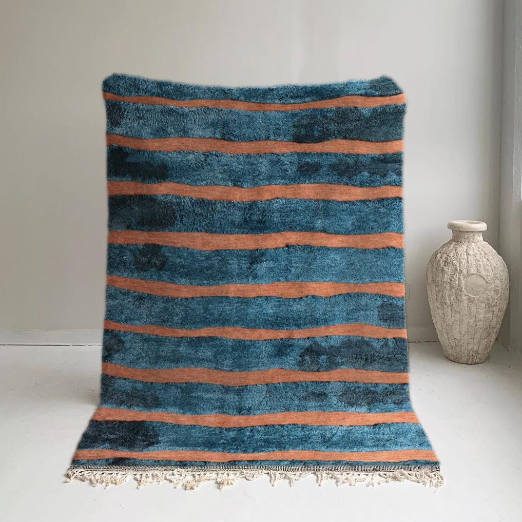 Blue Abstract Rug, Moroccan Wool Rug, Blue Beni Ourain Rug, 6x9 Handmade Carpet, Mid-Century Modern Rug, Artistic Bedroom Rug