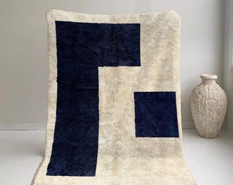Blue Abstract Rug, Modern Moroccan Rug, Blue Wool Rug, 6x9 Living Room Rug, Minimalist Rug, Geometric Carpet