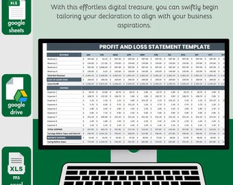 May include: A digital profit and loss statement template displayed on a computer monitor with a keyboard. The spreadsheet includes columns for months and rows for revenue, cost of goods sold, gross profit, and expenses. Icons for Excel and Google Sheets are visible.