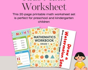 May include: A 20-page printable math worksheet set featuring a cover titled Mathematics Workbook Grade 1 with floral patterns, ladybugs, and shapes. Includes pages with addition problems, counting exercises, and a Draw a Watermelon Seed activity.