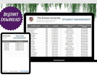 Puede incluir: Una plantilla digital de seguimiento del comportamiento en el aula mostrada en una computadora portátil y una tableta. Los documentos incluyen columnas para nombres de estudiantes, números de identificación y contactos de emergencia.