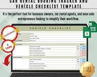 Op de afbeelding: Een digitaal sjabloon voor het bijhouden van autoverhuurboekingen en een voertuigchecklist op een laptopscherm. Het spreadsheet bevat secties voor voertuiginspectie, interieurinspectie en statuskolommen met selectievakjes.