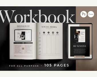 Puede incluir: Una plantilla de libro de trabajo digital con un libro abierto con páginas de planificación de Instagram y redes sociales, junto a una tableta que muestra contenido de estrategia empresarial. Diseño en negro, blanco y beige, 105 páginas.