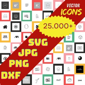 May include: A grid of colorful squares featuring various vector icons, logos, and the text "VECTOR ICONS" and "25.000+". Formats include SVG, JPG, PNG, and DXF. The image is a collection of digital design elements.