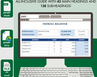 Puede incluir: Un paquete de plantillas de contabilidad digital en un monitor de computadora con teclado. La pantalla muestra un registro de nómina con columnas para ganancias, horas, tarifa y monto. Iconos de Google Sheets, Google Drive y MS Excel visibles.