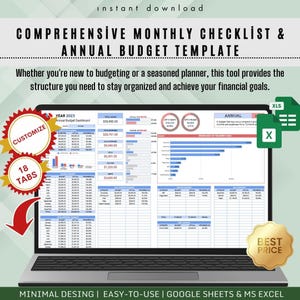 Könnte beinhalten: Ein Laptop-Bildschirm zeigt eine umfassende monatliche Checkliste und eine jährliche Budgetvorlage. Die Vorlage enthält Diagramme, Grafiken und Finanzdaten. Auf dem Bildschirm steht "Anpassen", "18 Registerkarten" und "Bester Preis".