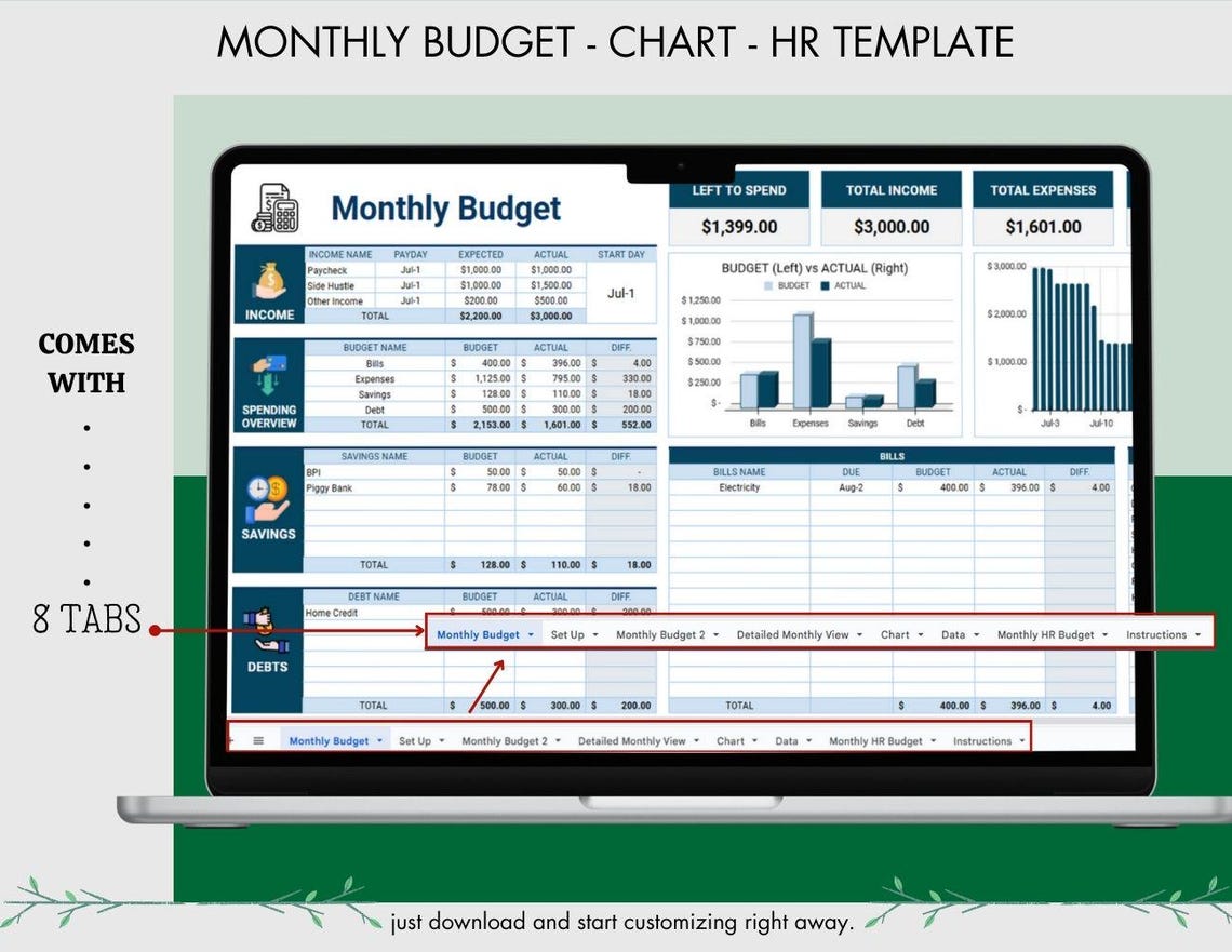 Editable Monthly Budget Chart - Easy to Use Google Sheets Template for ...