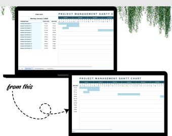 May include: A digital project management Gantt chart template displayed on two laptop screens. The interface features a task list, start and end dates, and a timeline grid with light blue bars representing scheduled tasks and project progress.