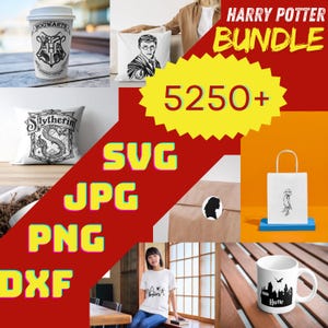 May include: A collection of Harry Potter themed merchandise, including a coffee cup, pillows, a tote bag, a mug, and a t-shirt. The image also displays the text "HARRY POTTER BUNDLE" and "5250+", along with file type icons.