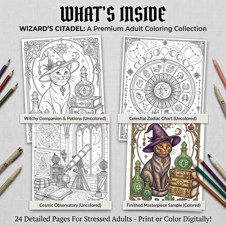 Dark Academia Wizarding Academy Coloring Book, Detailed Line Art (PDF ...