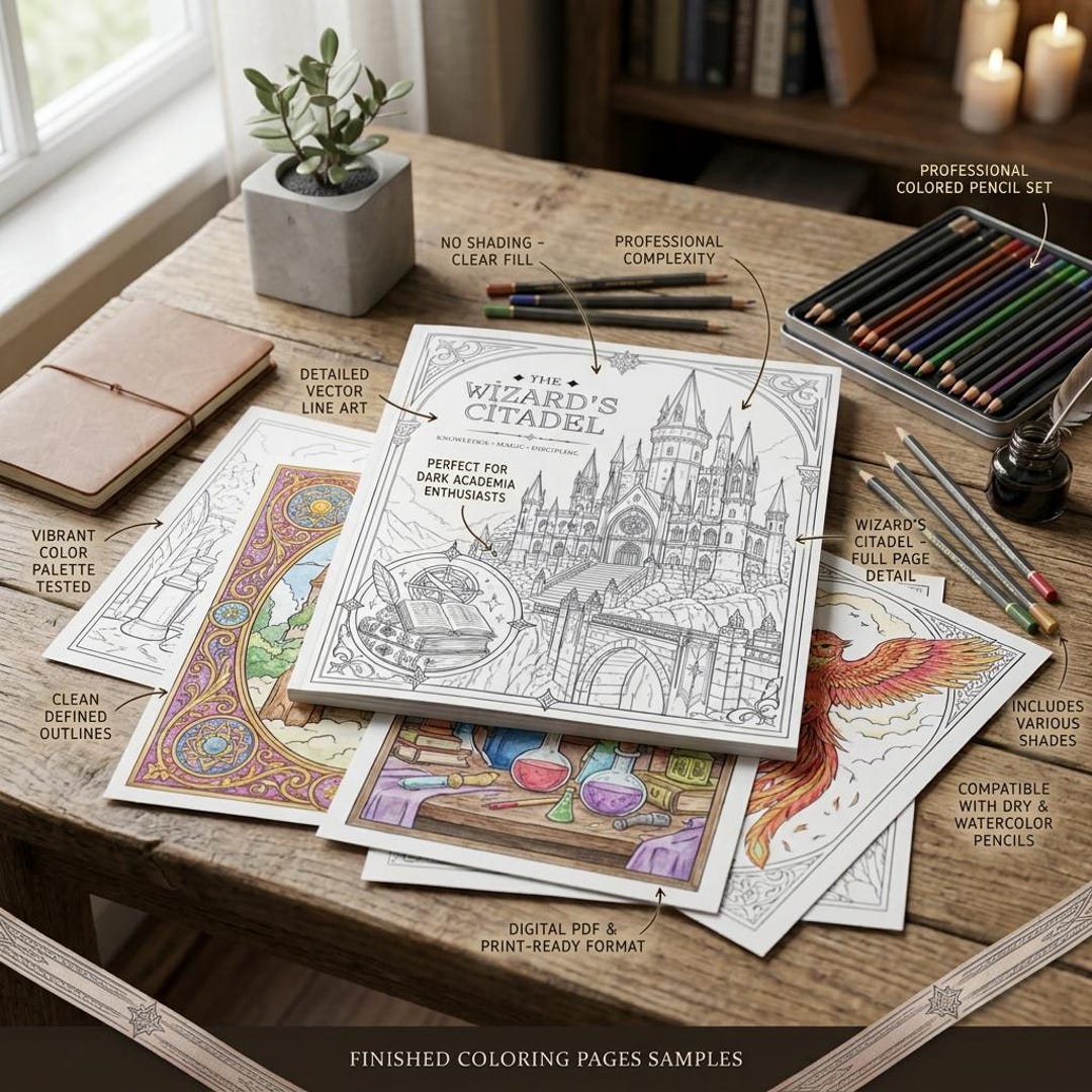 Dark Academia Wizarding Academy Coloring Book, Detailed Line Art (PDF ...