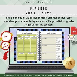Op de afbeelding: Een digitale planner voor 2024-2025, weergegeven op een laptopscherm. De planner bevat secties voor projectplanning en studentendoelen. De afbeelding bevat de tekst "direct downloaden", "PDF" en "55 pagina's".