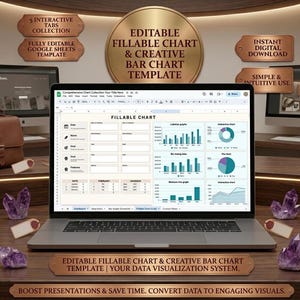 May include: A laptop displaying an editable fillable chart and creative bar chart template in Google Sheets. The screen shows data tables and various graphs. Surrounding the laptop are copper-coloured labels with text and purple amethyst crystals.