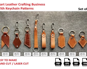Set of 9 keychain digital svg pdf pattern, leather keychain laser cut template, pdf keychain pattern, keychain laser cut files, laser ready
