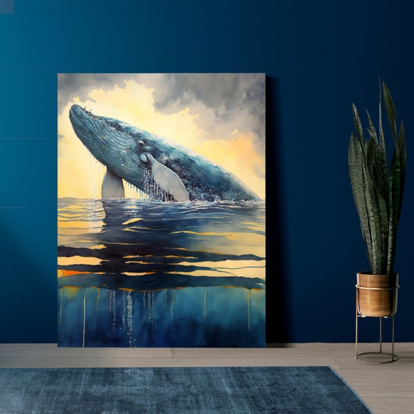 Aquarell Wal im Sonnenuntergang Poster Wal Meer Ocean Wasser, Sonnenstrahlen, Wildleben Tiere, Wandkunst Geburtstags Geschenk Kunstdruck